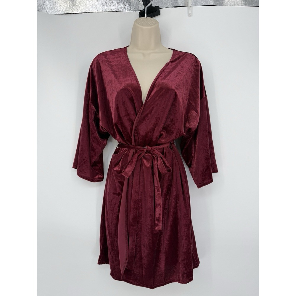 Vtg California Dynasty Velvet Velour Robe Maroon Women's  Trim Boudoir Short L‎